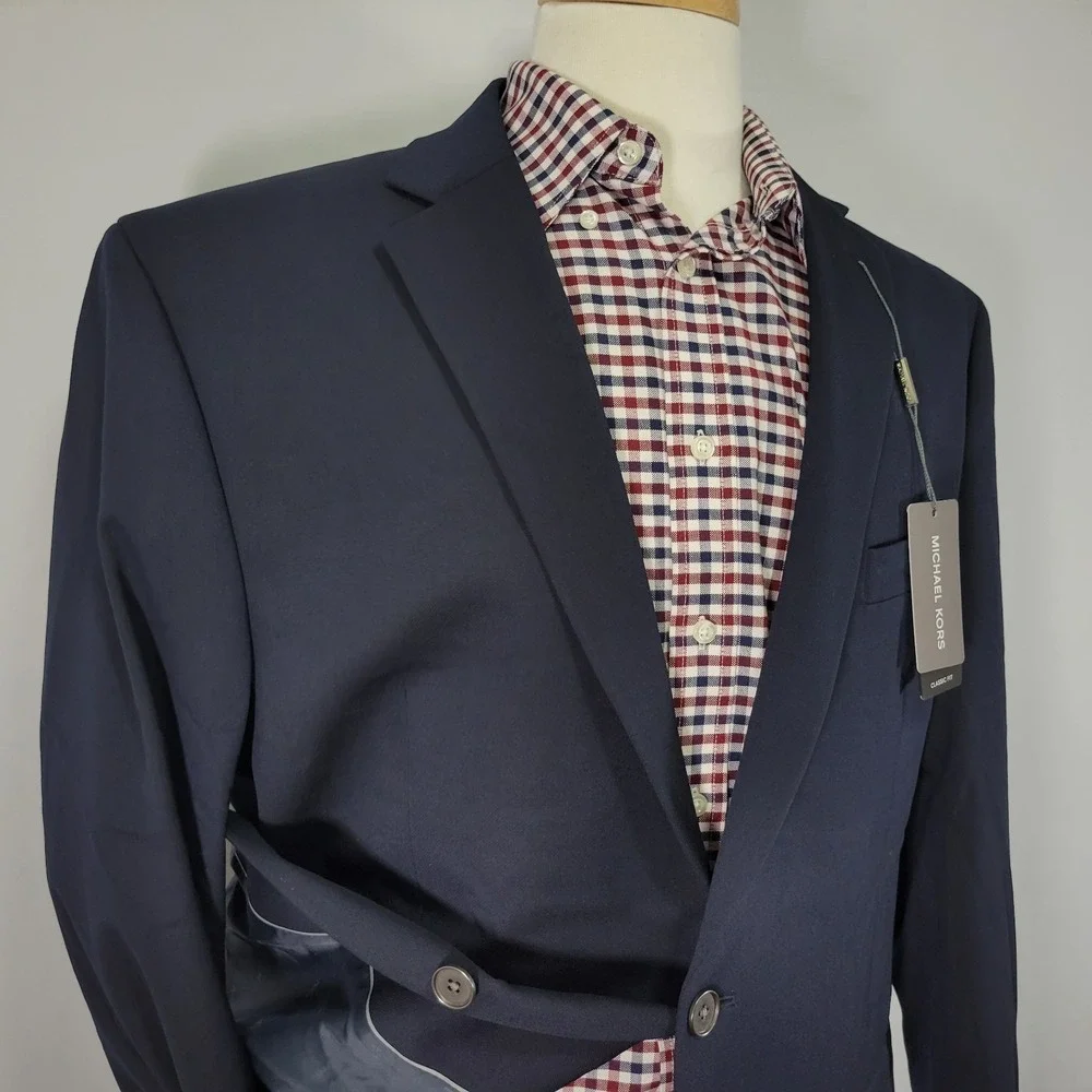 Michael Kors KOOP Mens Sport Coat Blazer Two Button Navy Blue Poly Blend 44L NEW